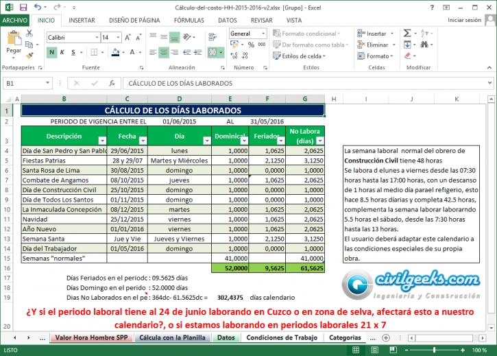 Hoja Excel para el Cálculo del costo de horas hombre jorge